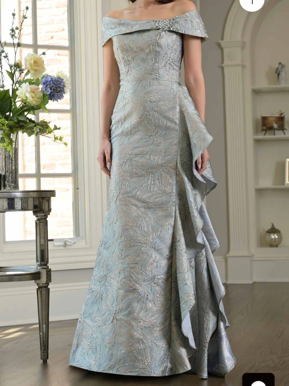 Off-Shoulder Textured Ruffle Mother of the Bride - Sage accented with champagne